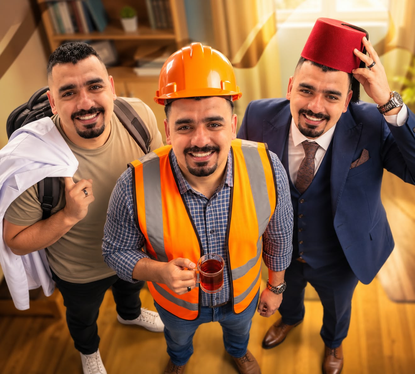 م. أحمد فتحي في ثلاث مراحل من حياته: طالب بحقيبة ومعطف أبيض، ومهندس بخوذة وكوب شاي، ووزير بالطربوش والبدلة